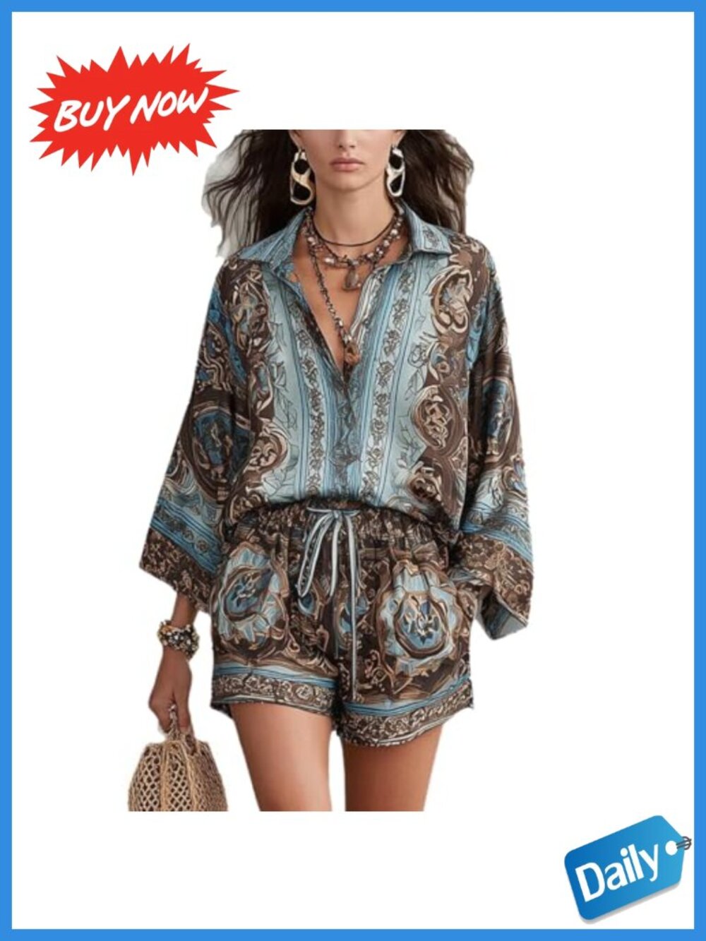 Women's Boho Floral Two Piece Set Long Sleeve Top & Shorts Casual Vacation
